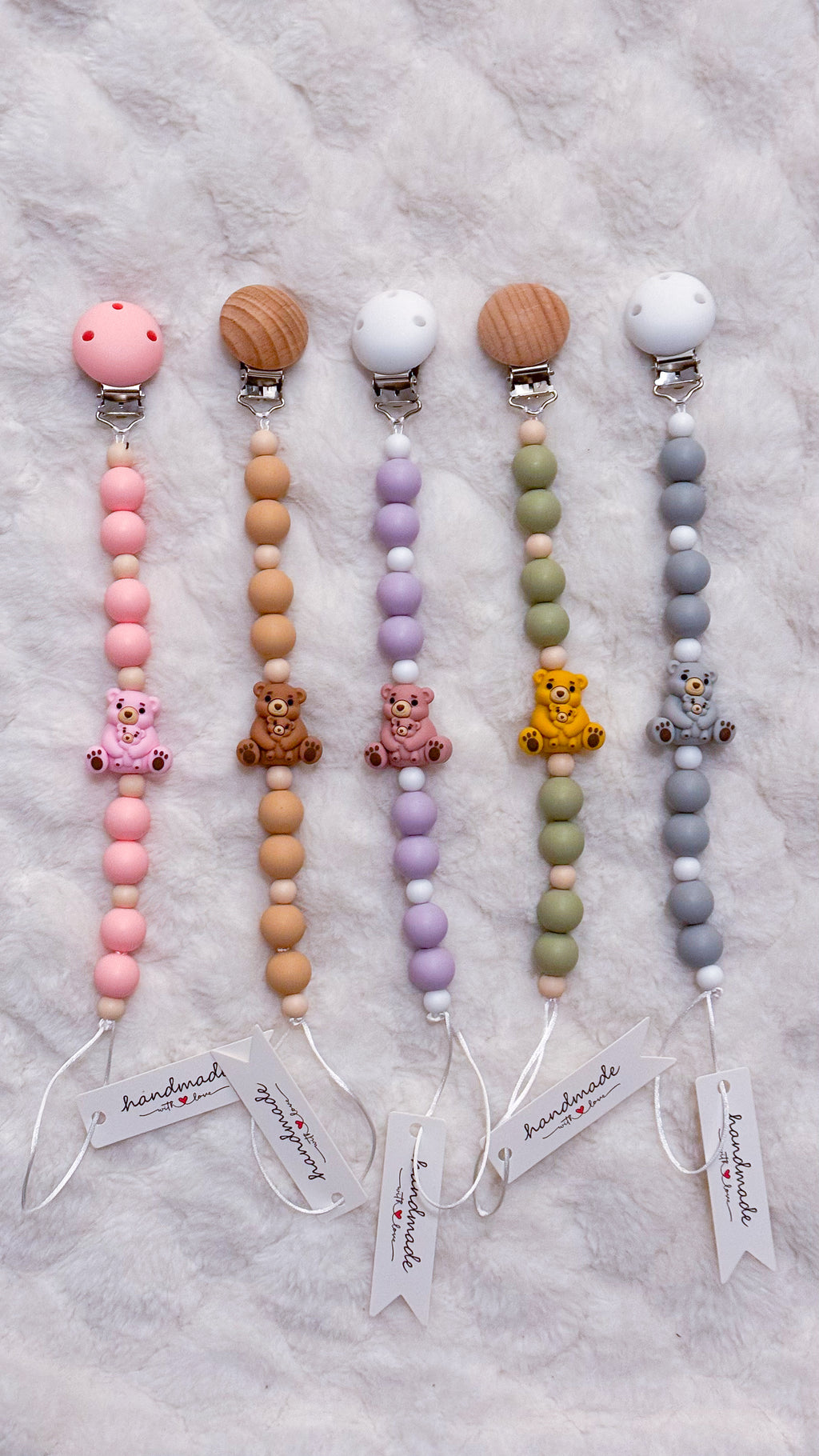 Outseam Pacifier Clip - Teddy Bears in Green — handmade pacifier holder